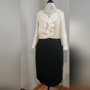 LOFT midi black & white dress with ruffle colar in size 8P